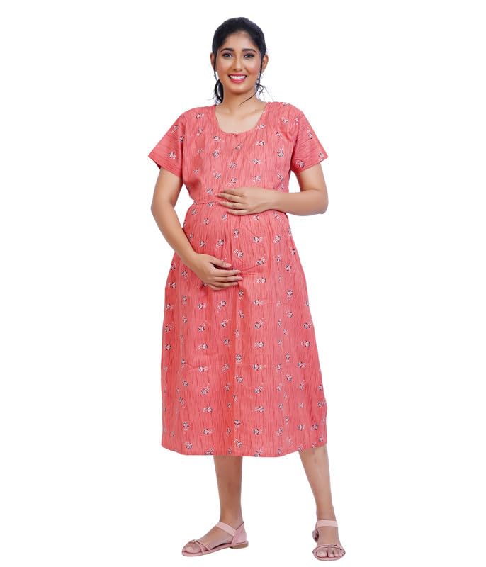 menmaii Zipless One Piece Maternity & Feeding Dress/Gown/Nighty| 100% Cotton with a Side Pocket | Calf/Full Length/for Pregnancy & Nursing- (L to 4XL)-picture-39