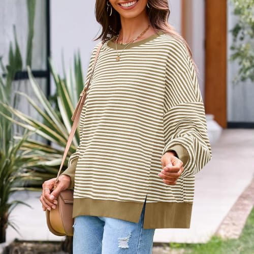Womens Striped Long Sleeve Shirt Waffle Knit Crewneck Oversized Sweatshirt - image 7