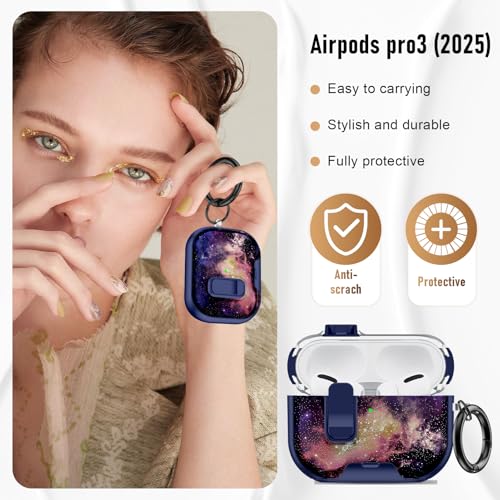Image of Compatible Airpods Pro 3 Case (2025) with Phone Stand & Cleaner Kit,Print Soft Silicone Lock Clip Apple AirPods Pro 3rd Generation Case, Airpod Pro 3 Cover with Keychain for Women /Girls,Starry Sky
