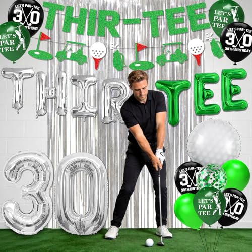 Image of 30th Birthday Decorations for Him, Golf 30th Birthday Decorations for Men Including THIR-TEE Banner Silver Fringe Curtain Golf Themed Honeycomb Centerpieces 30 Foil Balloons