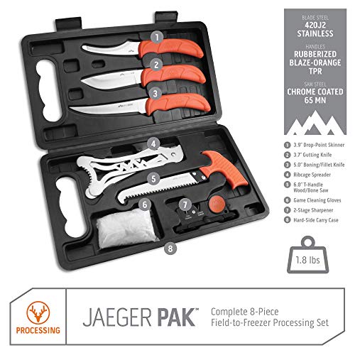 OUTDOOR EDGE JaegerPak 8-Piece Hunting Knife Set & Field Dressing Kit | Full-Tang Skinning Knife, Gutting & Boning Knives, Sharpener, Bone Saw, Rib Spreader | Hard Case | Hunting Accessories for Men - Image 3