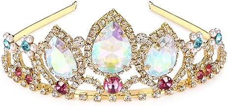 Vinjewelry Girls Birthday Gift Rapunzel Aurora Borealis Stone Sparkle Gold Tiara Halloween Princess Tangled Costume