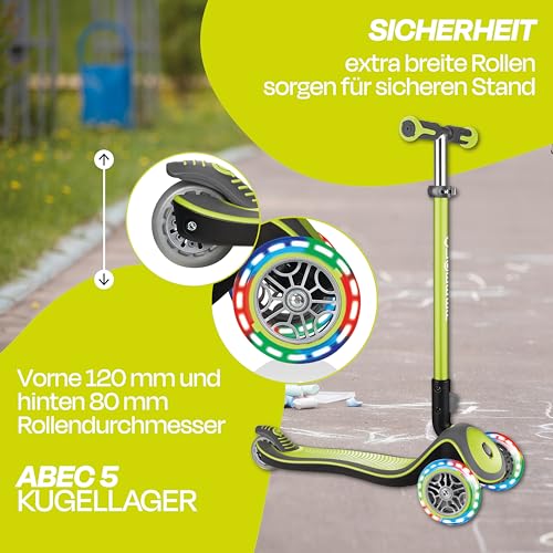 GLOBBER Elite Deluxe Lights - Tretroller Kinder, 120/80 mm, ABEC 5, 3-r&auml;drig, h&ouml;henverstellbar, LED-Rollen, Lime gr&uuml;n