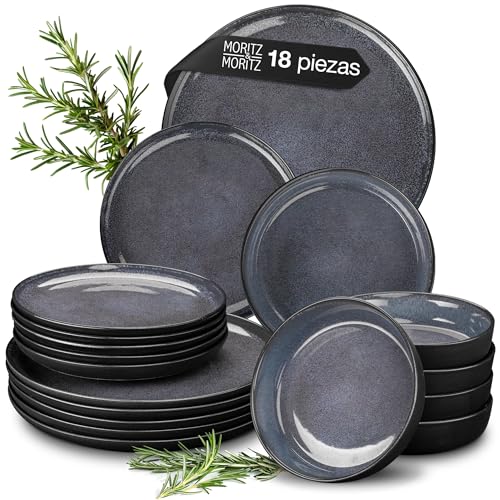 Moritz & Moritz VIDA - Vajilla para 6 personas, color azul, 18 piezas, vajilla moderna de porcelana, resistente a arañazos, microondas y lavavajillas, vajilla para 6 personas