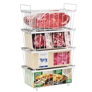 iSPECLE Chest Freezer Baskets - 4 Pack Stackable Wire Basket Add Space for 198L Deep Freezer Easy Get Food with Handles, Sort Food Air Circulation Keep Better Freshness, White