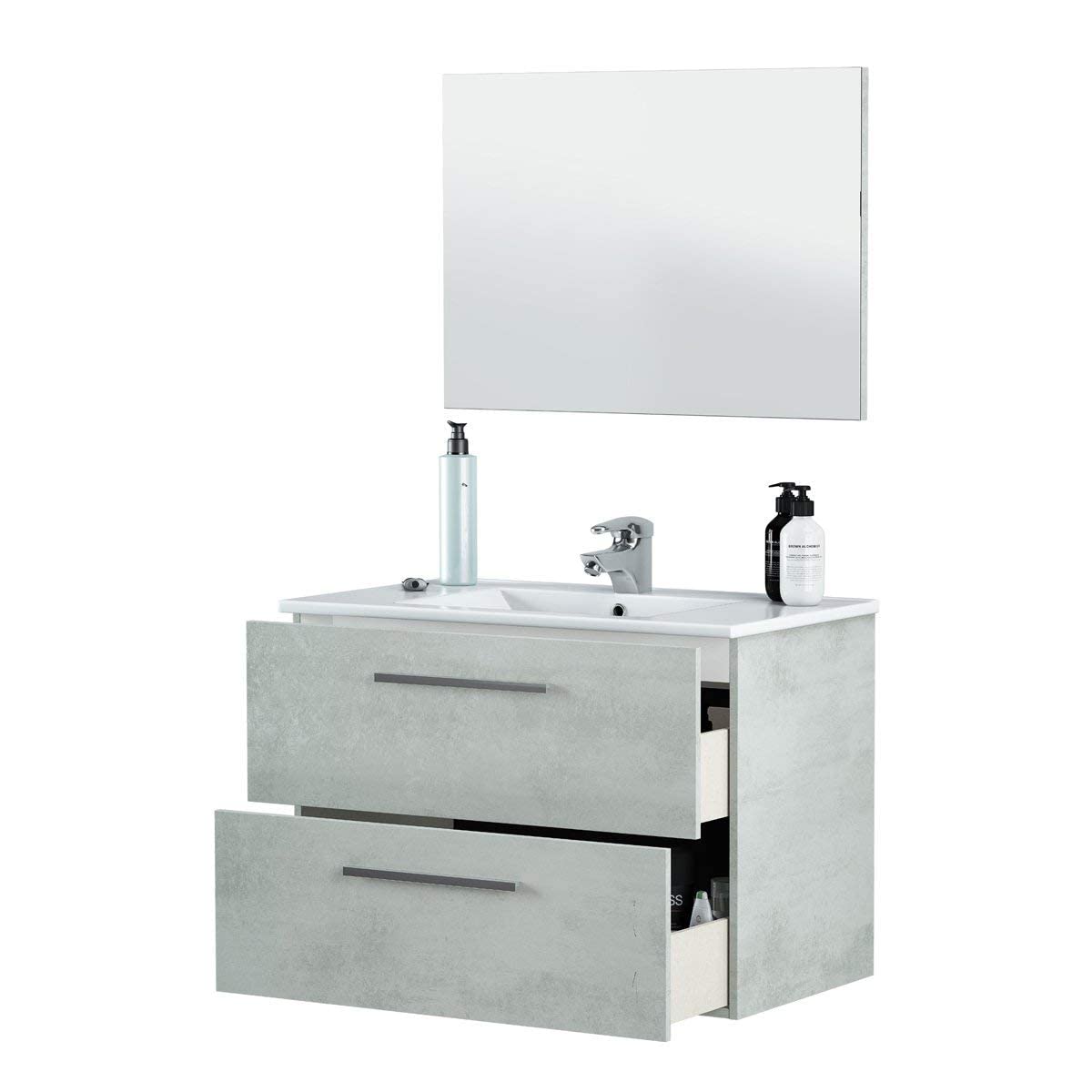 MarinelliGroup Mobile bagno 80 cm sospeso lavabo ceramica specchio 2 cassetti cemento 80 x 45 x 57 cm 305160L