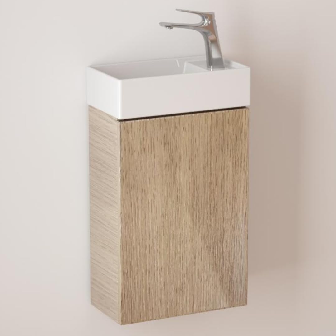 Durovin Bathrooms 400mm Wall Mounted Storage Cabinet Vanity Unit Include Basin for Cloakroom Bathroom- Soft Close Door - 710mm × 220mm(H×D) - Wood Oak Effect