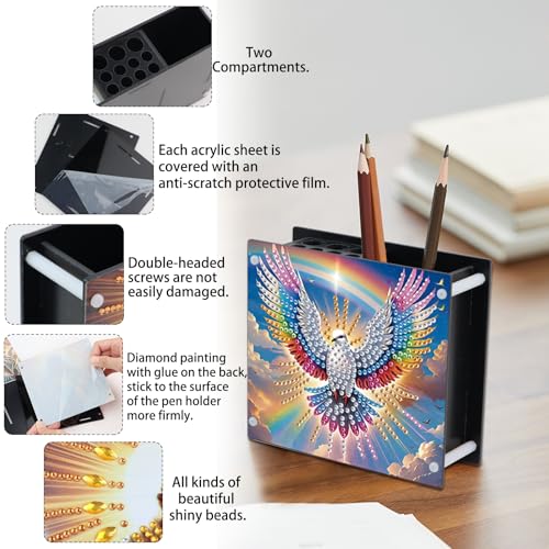 Image of DIY 5D Diamond Painting Pen Holder - Peaceful Rainbow Dove Pencil Cup for Inspirational Decor, Acrylic Diamond Art Pen Holder Organizer, 5D DIY Desk Organizer with Beads, for Craft Desk or Gift