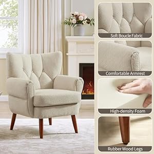 Art leon modern accent chair boucle fabric upholstered armchair single sofa chair with wood legs for living room bedroom off white  urban country home decor