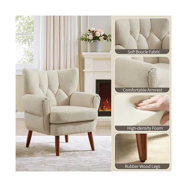 Art leon modern accent chair boucle fabric upholstered armchair single sofa chair with wood legs for living room bedroom off white  urban country home decor