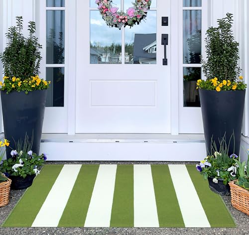 Green and White Layered Door Mats 2x3ft Striped Outdoor Rug Cotton Woven Washable Farmhouse Small Area Rug for Entryway/Porch Decor/Kitchen/Home Entrance