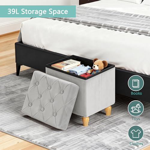 Image of CAROLMADE Folding Storage Ottoman Cube Velvet Footstool with Wood Legs Ottoman Footrest for Living Room and Bedroom, Grey 15 inchx12.6 inchx15.4 inch