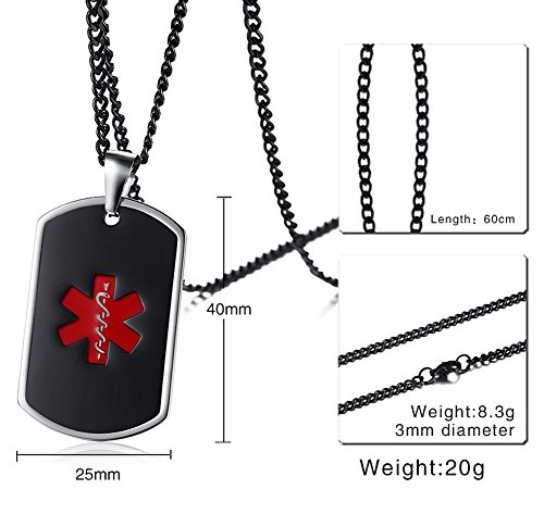 Mealguet Jewelry Free Engraving Stainless Steel Two-Tone Black Red Medical Symbol Alert Id Dog-Tag Pendant Necklace,24" #TOP1
