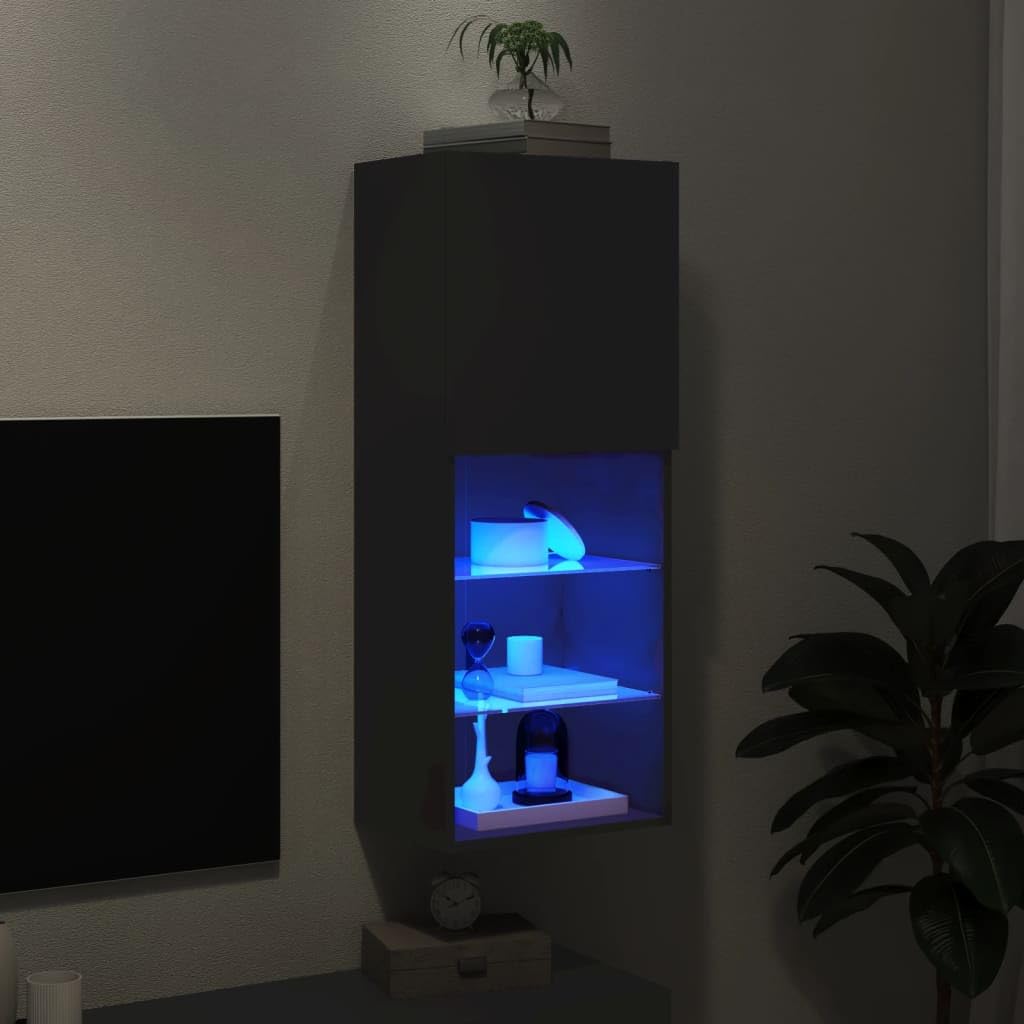 Mueble de TV de Madera con Luces LED, Gran Almacenamiento, Diseño Moderno, Adecuado para Salón y Dormitorio, Negro, 40.5 x 30 x 102 cm