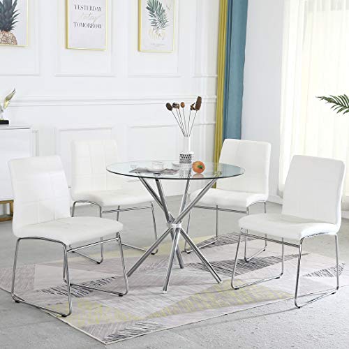 Round Glass Dining Table With Clear Tempered Glass Top, 4 Chrome Legs Round Table For 2 Or 4 Person, Modern Kitchen Table Furniture For Home Office Kitchen Dining Room(W 35.4 X L 35.4 X H 29.5 Inch) #TOP4