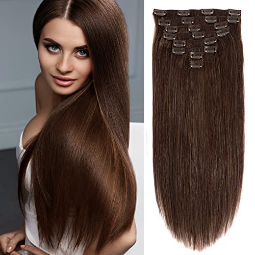 24 Inch Clip in Hair Extensions Human Hair 120g Real Hair Extensions Clip in Human Hair Double Weft Remy Hair Extensions Clip in Human Hair Dark Brown Color 8Pcs 20Clips Soft Silky Straight Human Hair Clip in Extensions for Women (24" Dark Brown)