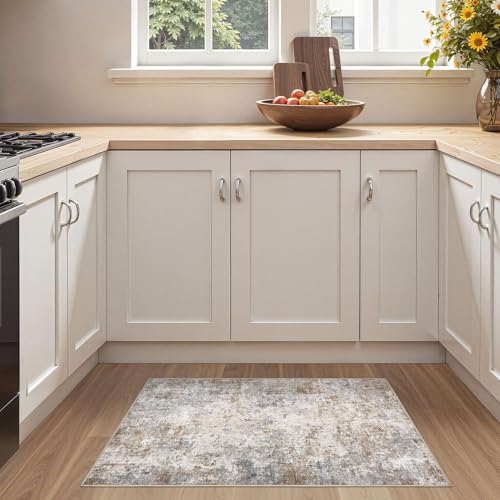 2x3 Entryway Area Rug: Washable Neutral Modern Abstract Small Rug - Non-Slip Low Pile Throw Indoor Carpet for Entrance Kitchen Front Door Mat Bathroom Entry Kids Room - Brown Grey