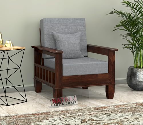 Image of NATRAJ ART & CRAFT Sheesham Wooden 1 Seater Sofa for Living Room | Rosewood 1 Seater Cushion Sofa with Side Newspaper Holder for Home & Office (Walnut, 1 Seater)