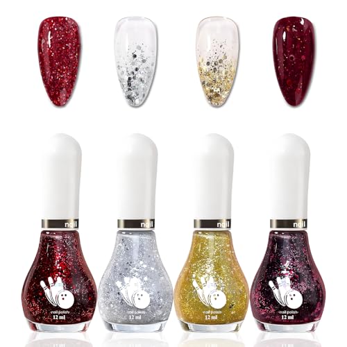 4 Farben Glitzer Nagellack Schnelltrocknend - Hochpigmentiert Nagellack Dunkelrot - Glossy Nagelack Gold Silber Glitzer - Versatile Nail Polish Set Für Frauen Mädchen DIY Geschenk (Glitter Set)