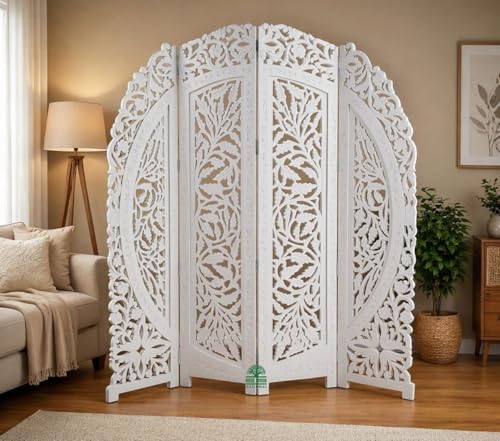 Image of Wooden Room Divider 6 Feet, 4-Panel Folding Wooden Partition for Living Room, Office, Pooja Room, Restaurant, Kitchen & Balcony (2W x 1.82H Meters). (White-Black Border)