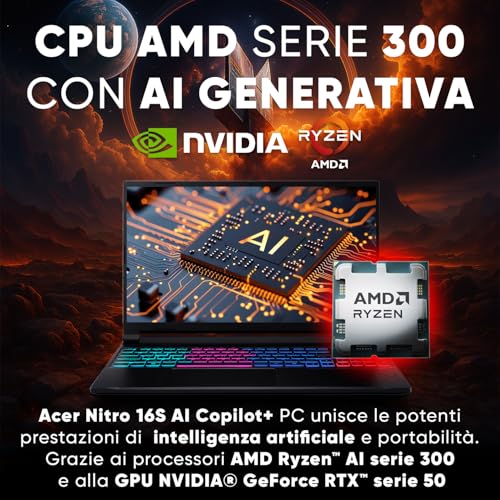 Nitro V16 AI Pc Gaming AMD Ryzen AI 7 350, NVIDIA GeForce 5070 (8Gb GDDR7), Laptop Gaming 64GB RAM DDR5, SSD 1TB, Display 16" FHD IPS 180 Hz, Tastiera RGB, Notebook Gaming, IA Top Pronta all'Uso - Notebook - Immagine 2