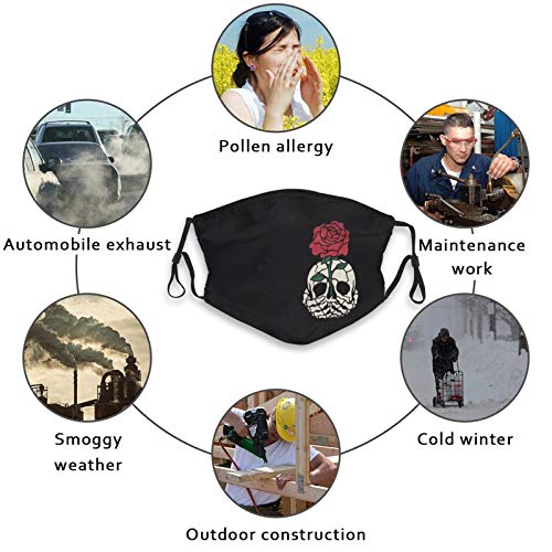 Black Goth Skull With Red Rose Floral-Face Mask With 2 Filter, Breathable-Adjustable Filters Mask Goth Balaclava For Men Women & Teenager #TOP6