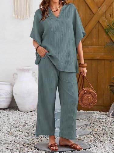 Tadkee Women's Solid Color V-Neck Kaftan Sleeve Casual Wear Co Ord Set | Kurta Set For Women (Fn-Sugar-Cord-121-Green-M)