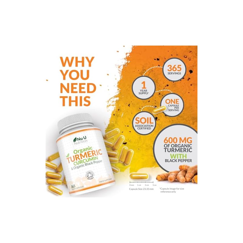 Organic Turmeric and Black Pepper Capsules 600mg - 365 Vegan Capsules 1 Year Supply - Soil Association Certified - High Strength Tumeric Curcumin Supplement - Made in The UK - Image 4