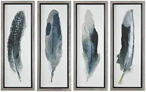 Uttermost Feathered Beauty Prints, 4 Count, 14.13 x 38.13 inches, Black and White, Contemporary, Abstract, Wall Art, Living Room, Bedroom