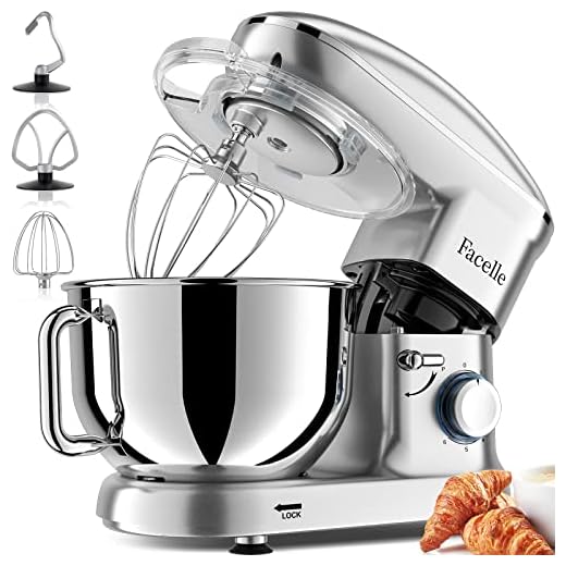 Batidora Amasadora 1500W, Facelle Amasadora de Pan Repostería Multifunción Tazón de Acero Inoxidable de 6,2LGancho para Masa,Batidor Plano, Batidor,Protector de Salpicaduras(Plata)