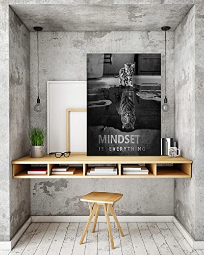 Inspirational Wall Art Pictures Big Tiger And Small Cat Canvas Painting Mindset Is Everything Motivational Print And Poster Artwork Home Decor For Bar Study Room Office Framed Easy To Hang-24”Wx36”H #TOP1