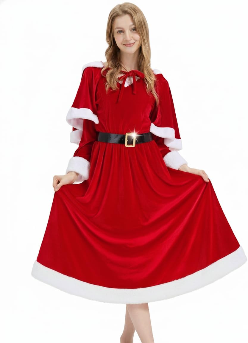 Mrs Claus Costume for Women Adult Christmas Miss Santa Claus Dress Red Long Sleeve Cosplay Party Plus Size Outfit