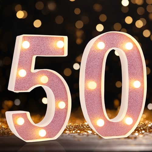 Image of Led Light Up Numbers, 50th Birthday Decorations, Marquee Numbers Lights, Battery Powered Light Up Sign for 30 Decor Party (Pink Glitter)