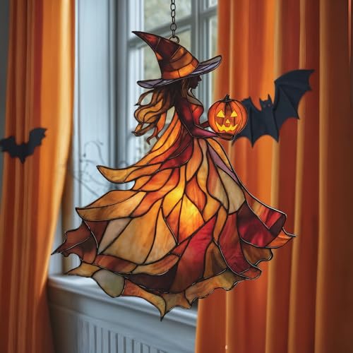 Autumn Witch Acrylic Suncatcher - Faux Stained Glass Indoor Window
