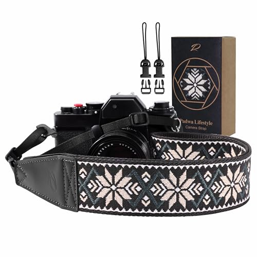 Image of Padwa Lifestyle Camera Strap - 2 inch Full Grain Leather Ends Camera Straps for Photographers, Vintage Embroidered Cotton Weave Soft Strap Quick Release fits All Cameras