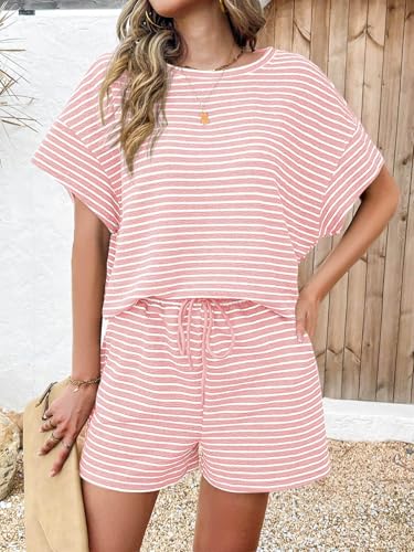 Image of Tankaneo Womens Pajama Sets Striped 2 Piece Lounge Sets Short Sleeve Oversized T Shirts Drawstring Shorts Matching Set