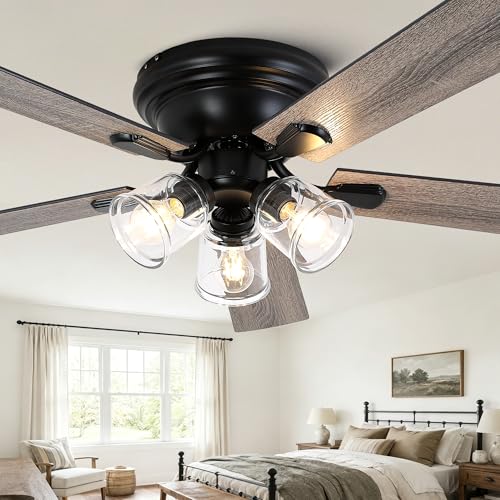 Image of Dawn Whisper 52 Inch Flush Mount Farmhouse Ceiling Fans with Lights Vintage Ceiling Fan with 3 Bulb Lights Remote for Bedroom Living Room Kitchen