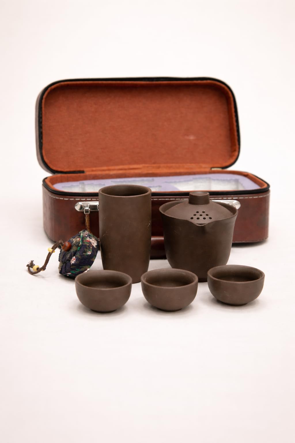 Portable Travel Tea Set with Leather Carry Case, Dark Brown Ceramic Teapot, Cups, Compact Gongfu Style, Best for Corporate Gifting, Return Gifts, Wedding Gifts, Birthday Gifts Hamper-image-14
