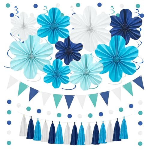 Image of Navy Blue Birthday Graduation Party Decoration 22 Pcs Hanging Paper Flower | Tassel Garland & Swirls for Wedding Bridal Showers Baby Shower Classroom Decor Backdrop Supplies Easy to Assemble Reusable