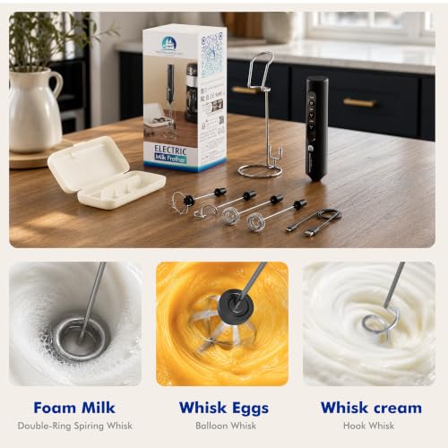Image of Rechargeable Milk Frother with Stand, 4 Interchangeable Whisks & Travel Case - Handheld Mixer for Lattes, Matcha, Hot Chocolate, Eggs & Protein Shakes