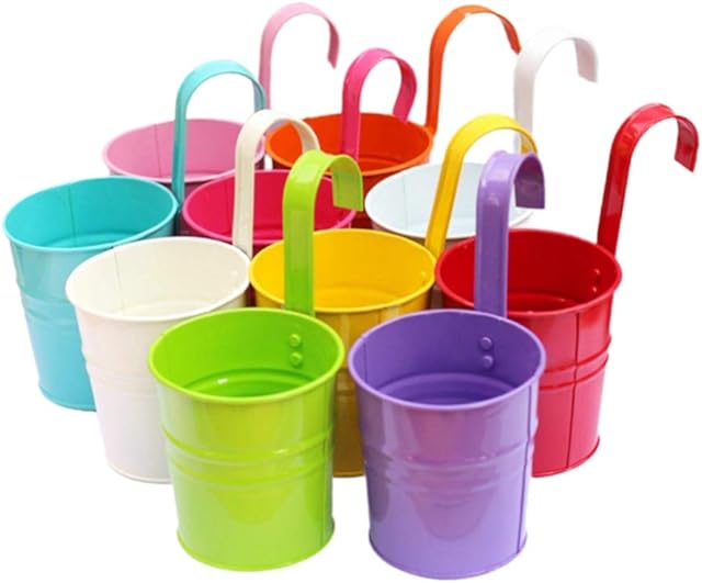 Garneck 10pcs Iron Hanging Flower Pot Balcony Planter Metal Bucket Holder with Detachable Hook and Drainage Hole for Railing Fence Window Patio Garden 10x10x8cm