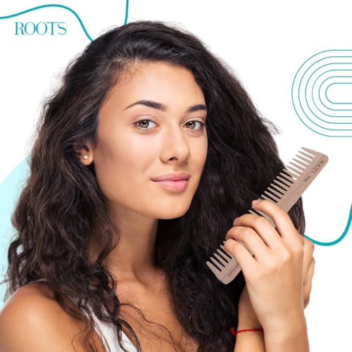 Image of ROOTS Wooden Comb | Wide Teeth | Rounded Teeth prevent Hair & Scalp damage | 100% Natural Wood | Anti-Frizz & Shine | For Long, Thick & Dry Hair | For Men & Women | Length - 7.4 Inch, Model No - WD90