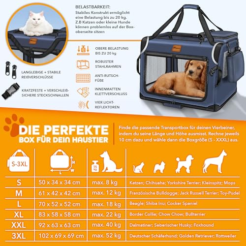 TRESKO® Hundebox faltbar inkl. Leckmatte, Spatel & Reflektoren M 61x42x42cm | Transportbox für Hunde und Katzen | Hundetransportbox Auto für kleine & große Hunde | Hundetasche robust Navyblau