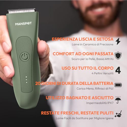 MANSPOT Rasoio Elettrico Corpo Uomo, Depilatore Corpo Uomo Impermeabile IPX9, Rasoio Parti Intime Umido e Asciutto, Rasoio Intimo per Viso, Braccia, Torace, Gambe, Ascelle - Immagine 1