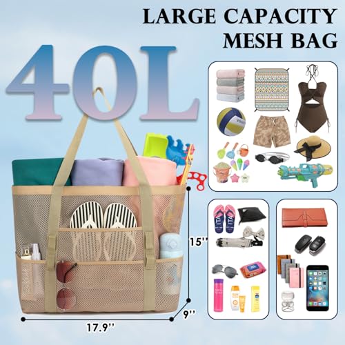 Image of Fammart Mesh Beach Bag for Women, Large Beach Toy Pool Bag with Zipper Pocket, SandProof Cruise Essentials 2026 Family Travel