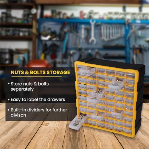 Image of Alkon ACO60 60-Drawer Plastic Component Organiser | Multipurpose Small Parts Storage Box for Jewellery, Electronics, Hardware, Pharmacy & DIY | Wall Mountable & Removable Dividers (Black & Yellow)