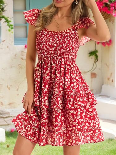 Image of Fessceruna Womens Summer Ruffle Dresses Elastic Empire Waist A-line Layered Swing Flowy Mini Dress