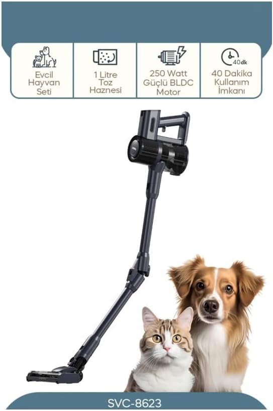 Sinbo SVC-8623 vacuum cleaner with a cat and dog, highlighting pet-friendly features, 1-liter dust bin, 250W BLDC motor, and 40-minute runtime.