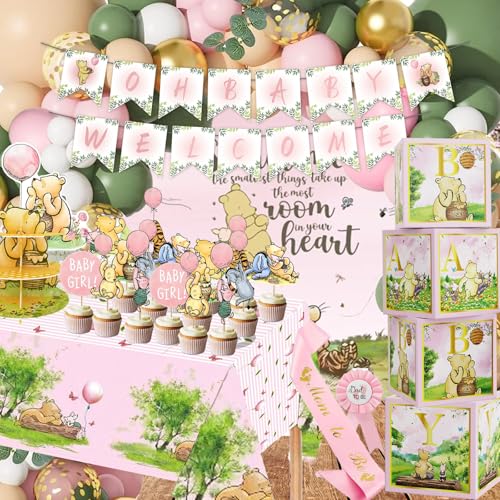 158pcs Pink Classic Winnie Baby Shower Decorations Kit,...
