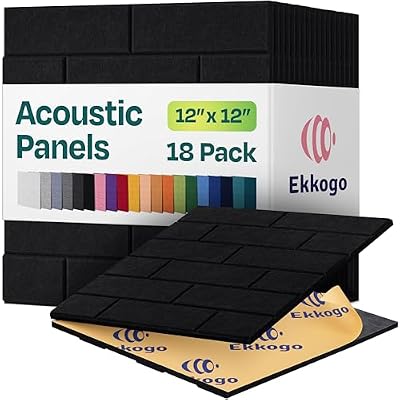 Ekkogo Acoustic Wall Panels 18-Pack, 12x12x0.4 Decorative Self-Adhesive Sound Proofing | High Density 3D Brick Soundproof Absorbing Tiles for Walls, Home, Office & Studio - Deep Black